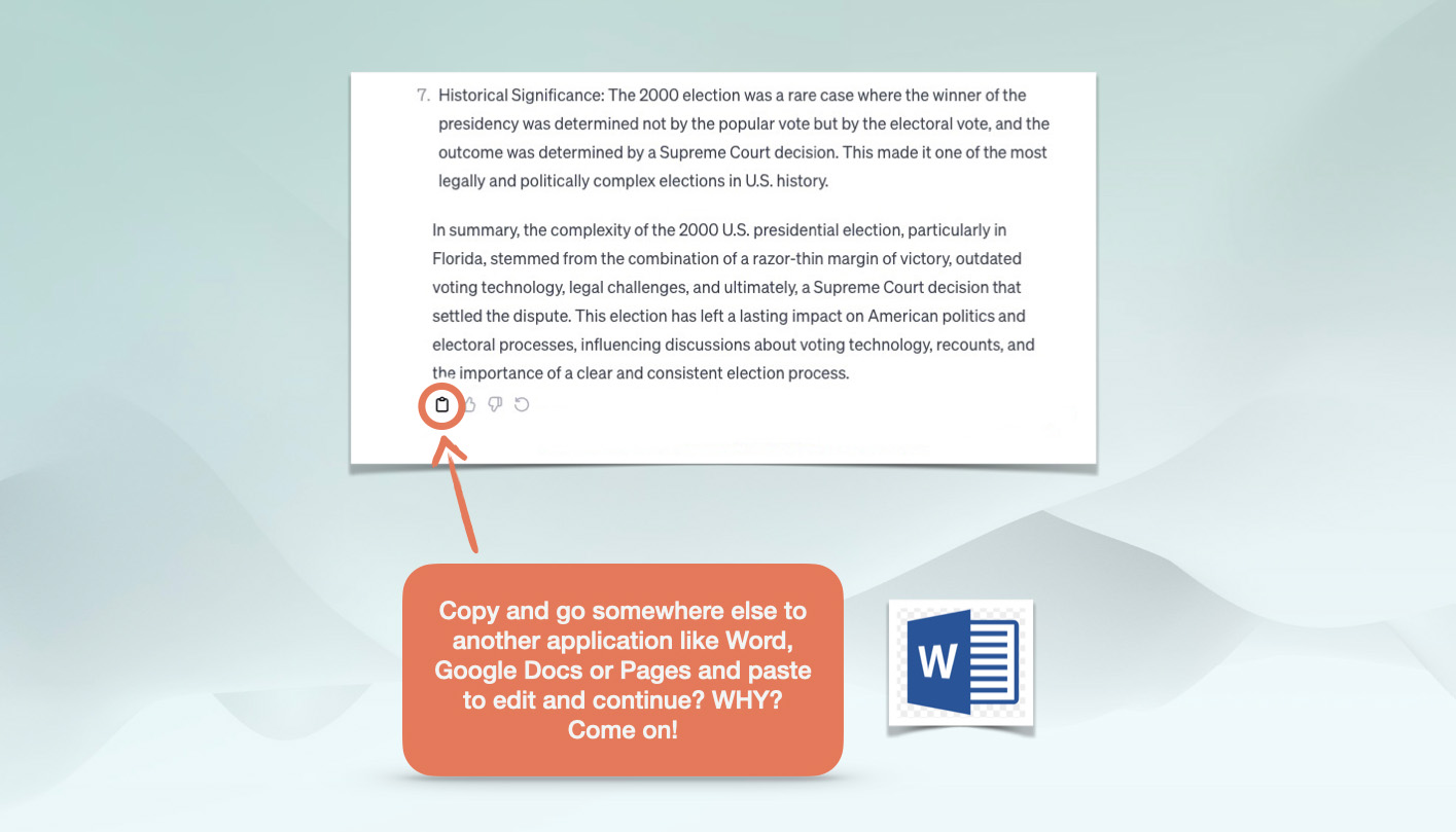 Copy and go somewhere else to another application like Word, Google Docs or Pages and paste to edit and continue? WHY?  Come on!